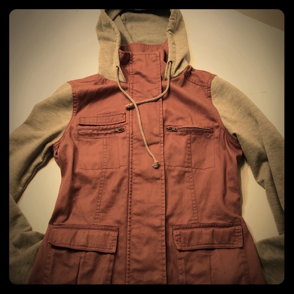 Pink and gray utility jacket with cotton sleeves